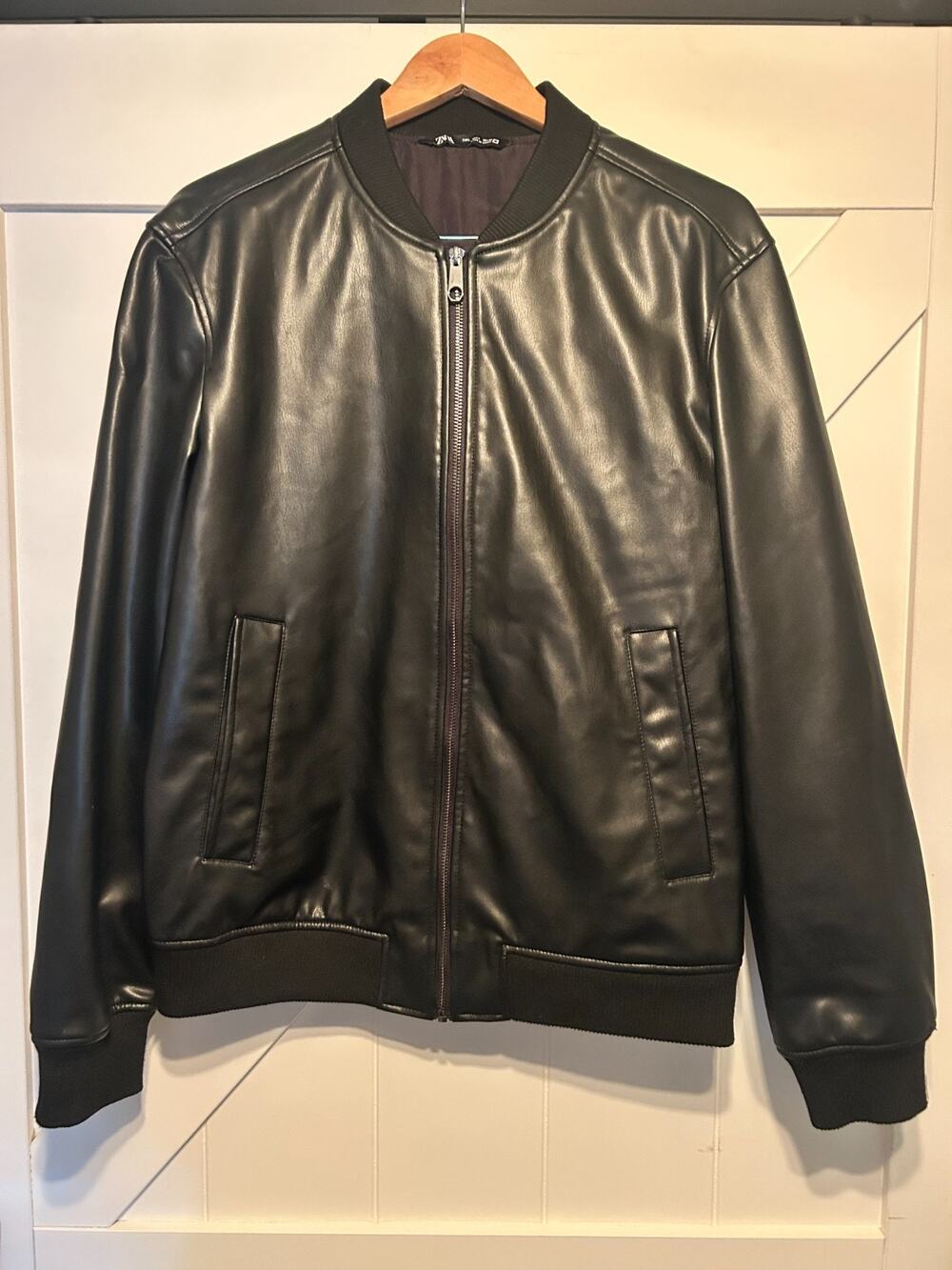Zara faux black leather full-zip bomber jacket with ribbed collar and cuffs